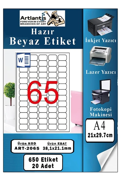 A4 Hazır Etiket 38.1x21.2 mm 20 Sayfa 1 Paket 65 li Kendinden Yapışkanlı Fotokopi Lazer İnkjet Kağıdı Yazıcılar İçin Uyumlu ürün görseli 1