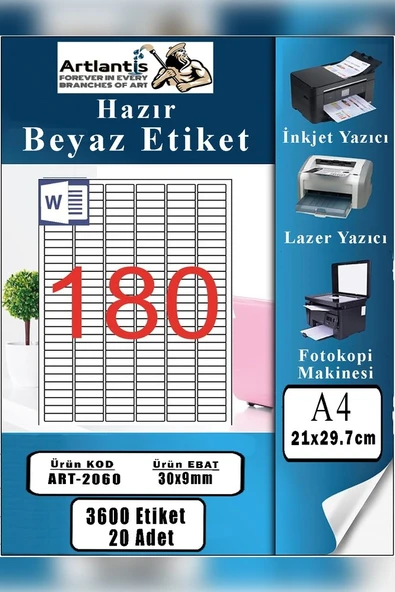 A4 Hazır Etiket 30x9 mm 20 Sayfa 1 Paket 180 li Kendinden Yapışkanlı Fotokopi Lazer İnkjet Kağıdı Yazıcılar İçin Uyumlu ürün görseli 1