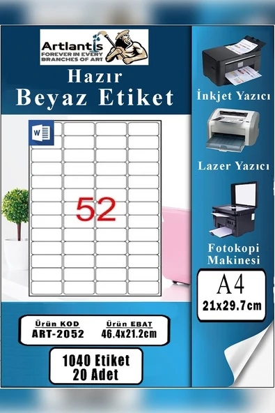 A4 Hazır Etiket 46.4x21.2 mm 20 Sayfa 1 Paket 52 li Kendinden Yapışkanlı Fotokopi Lazer İnkjet Kağıdı Yazıcılar İçin Uyumlu ürün görseli 1