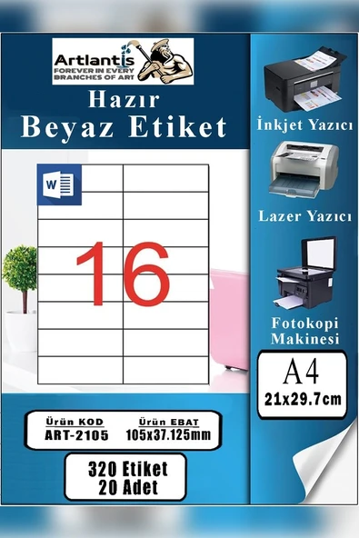 A4 Hazır Etiket 105x37.1 mm 20 Sayfa 1 Paket 16 lı Kendinden Yapışkanlı Fotokopi Lazer İnkjet Kağıdı Yazıcılar İçin Uyumlu ürün görseli 1