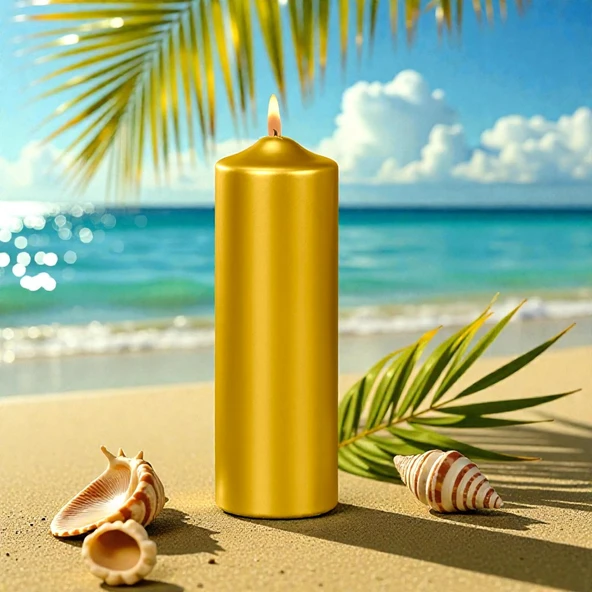 VIP YÜKSEK KALİTE 12 CM GOLD KALIN SİLİNDİR MUM PARLAK METALİK GOLD MUM GOLD SİLİNDİR MUM 12X4.5 CM ürün görseli 1