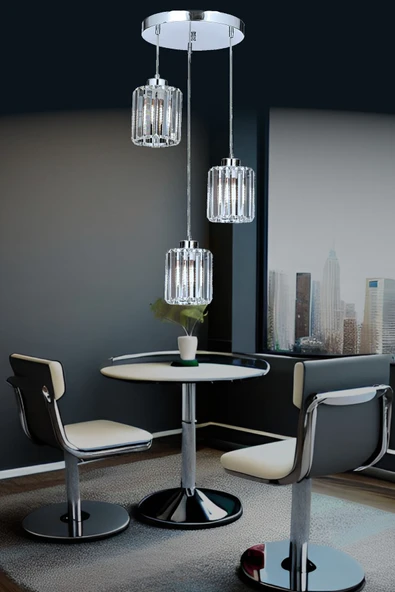 Luna Lighting Radiosa Model Krom Renk Kristal Taşlı Dekoratif Salon Mutfak Yatak Odası Hol Antre Üçlü Sarkıt Avize ürün görseli 1