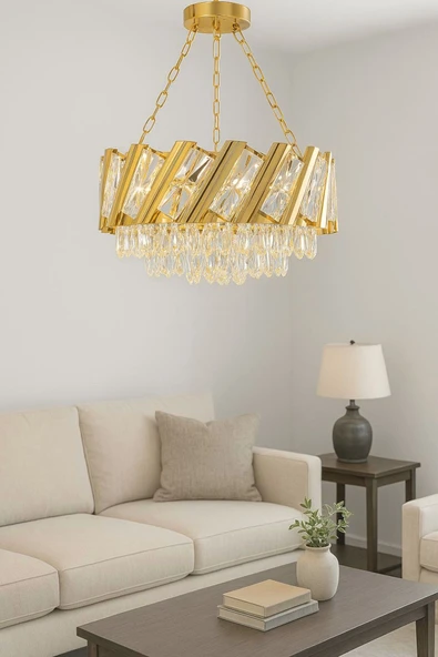 Luna Lighting Firuze Model Gold Kaplama Şık Taşlı Salon Antre Oturma Misafir Odası Modern Avize ürün görseli 1