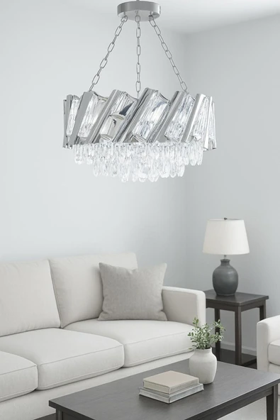 Luna Lighting Firuze Model Krom Kaplama Şık Taşlı Salon Antre Oturma Misafir Odası Modern Avize ürün görseli 1