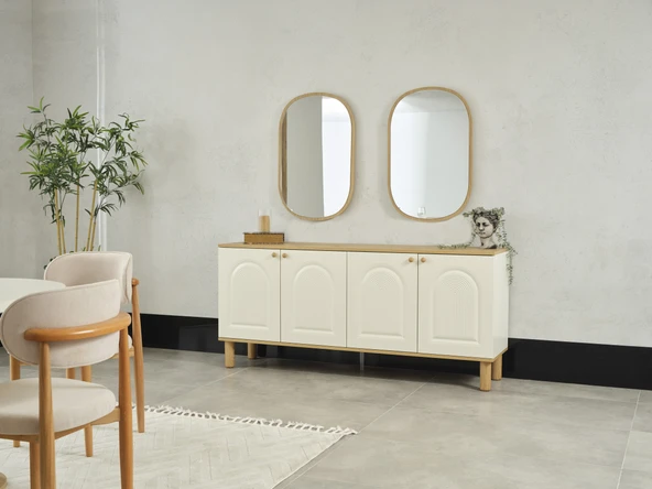 Dienni Bohem Modern Konsol ve Ayna Seti - 180 cm Genişlik - 4 Kapaklı Yemek Odası Şifonyeri ve Dekoratif Oval Ayna ürün görseli 1