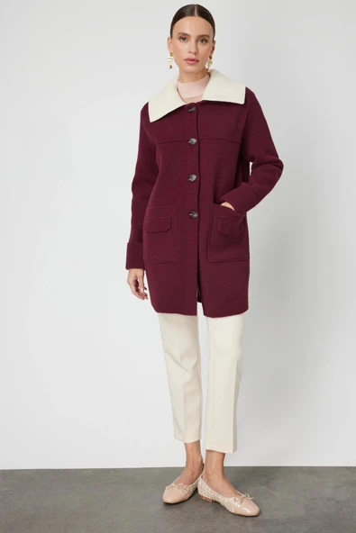 On Fashion Büyük Yakalı Düğmeli Kadın Bordo Hırka 63909 ürün görseli 1