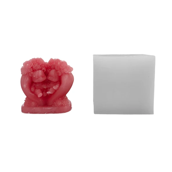 Silikon 3D Çiçekli Kalp İçinde Oturan Ayıcık Çifti Mum Kalıbı ürün görseli 1