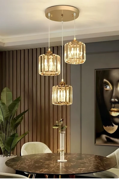 Luna Lighting Radiosa Gold Renk Kristal Taşlı Dekoratif Modern Salon Mutfak Hol Oda Antre Üçlü Sarkıt Avize ürün görseli 1