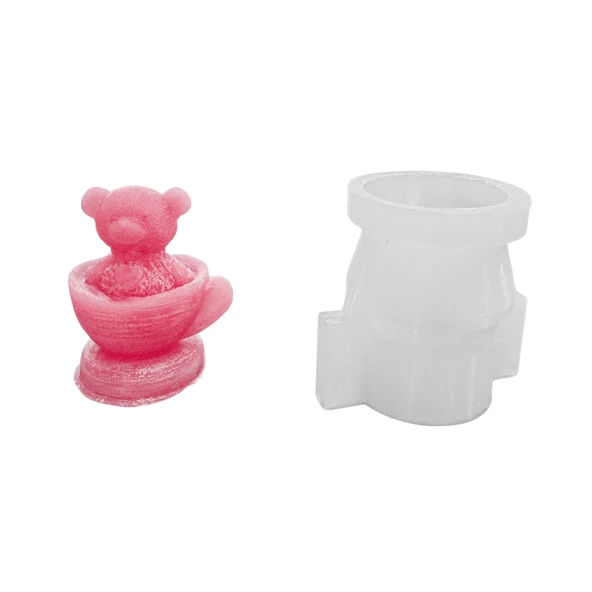 Silikon 3D Fincan İçine Oturmuş Kalpli Ayıcık Mum Kalıbı ürün görseli 1