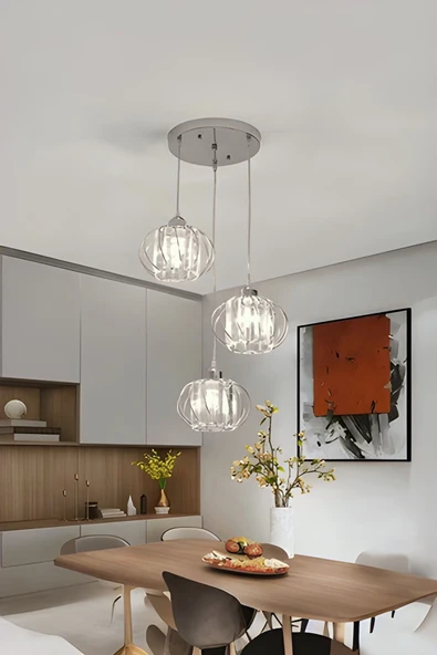 Luna Lighting Venezia Model Krom Renk Taşlı Estetik Dekoratif Salon Mutfak Yatak Odası Hol Antre Üçlü Sarkıt Avize ürün görseli 1