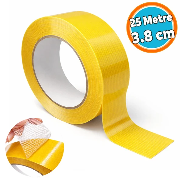 25 Metre Çift Taraflı Takviyeli (1 Adet) 38 Mm Güçlü Yapışkanlı Fileli Kaydırmaz Halı Bandı Kilim Paspas ürün görseli 1