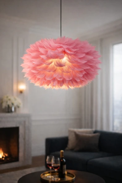Luna Lighting Flora Model Pembe Tüylü Modern Sarkıt Tekli Avize ürün görseli 1