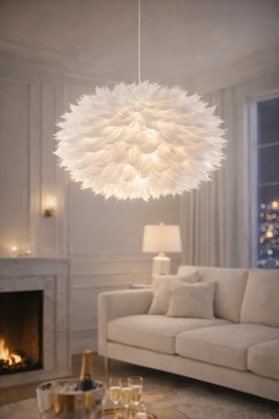 Luna Lighting Flora Model Beyaz Tüylü Kumaş Modern Estetik Tekli Sarkıt Avize ürün görseli 1