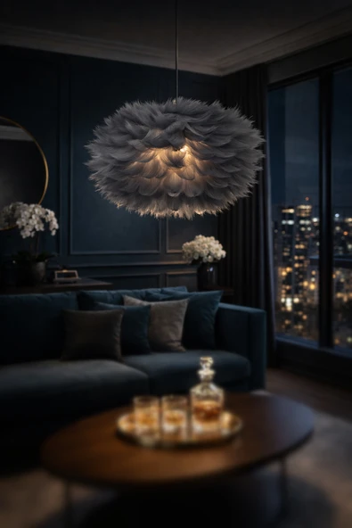 Luna Lighting Flora Model Gri Tüylü Kumaş Modern Estetik Tekli Sarkıt Avize ürün görseli 1