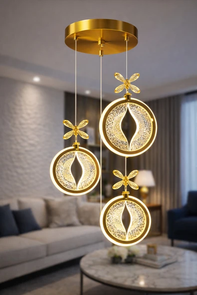 Luna Lighting Dark Model 3 lü Gold Kaplama Metal Salon Mutfak Oturma Yatak Odası Modern Led Sarkıt Avize ürün görseli 1