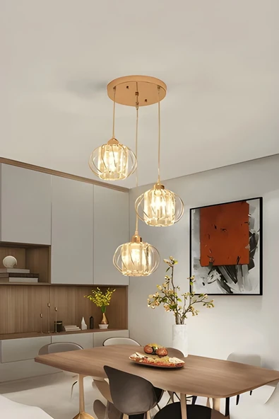Luna Lighting Venezia Model Gold Renk Taşlı Estetik Dekoratif Salon Mutfak Yatak Odası Hol Antre Üçlü Sarkıt Avize ürün görseli 1