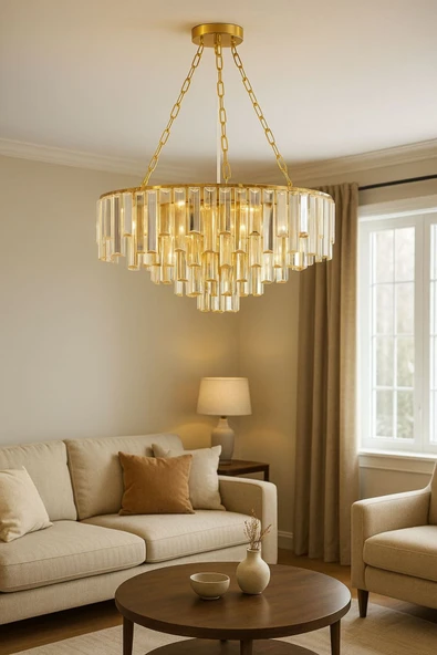 Luna Lighting Güneş Model Gold Kaplama Şık Kristal Tarz Kristal Salon Oturma Yemek Odası Hol Antre Avize ürün görseli 1