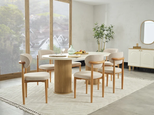 Dienni Bohem Modern Sabit Yemek Masası Seti -200 cm Masa ve 6 Adet Ergonomik Sandalye - Yemek Odası Takımı ürün görseli 1