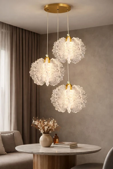 Luna Lighting Katerina Model 3 lü Gold Kaplama Metal Salon Mutfak Oturma Yatak Odası Modern Led Sarkıt Avize ürün görseli 1