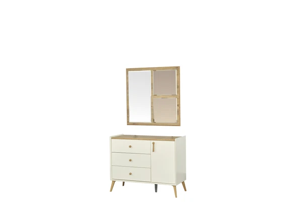 Dienni Terra Modern Şifonyer ve Aynalı Üst Modül Seti - 100 cm Genişlik - 3 Çekmeceli ve 1 Kapaklı Çamaşırlık - Dekoratif Kare Ayna Paneli ürün görseli 1