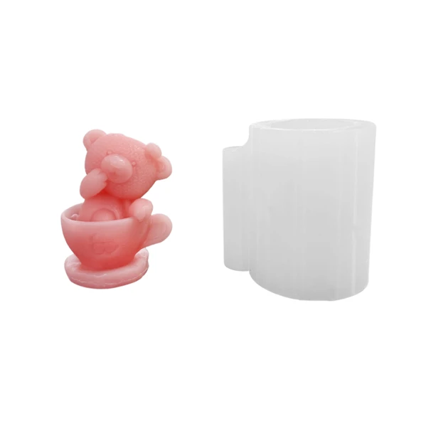 Silikon 3D Fincan İçine Oturmuş Sevimli Ayıcık Mum Kalıbı ürün görseli 1