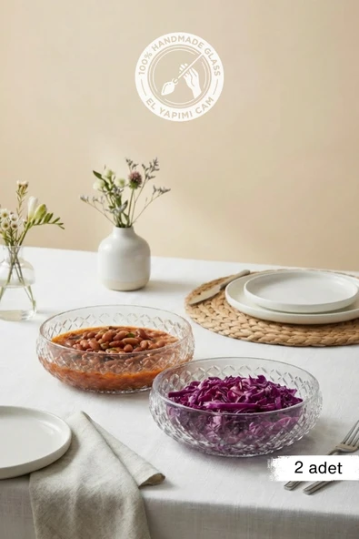 Selen Concept Kafes Model El Yapımı Büyük Boy Cam Salata Kasesi 2 'li Set ürün görseli 1
