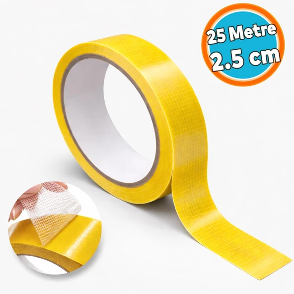 1 Adet (25 Metre) Çift Taraflı Takviyeli Kuvvetli Yapışır 2.5 cm Halı Paspas Kilim Kaydırmaz Bant ürün görseli 1
