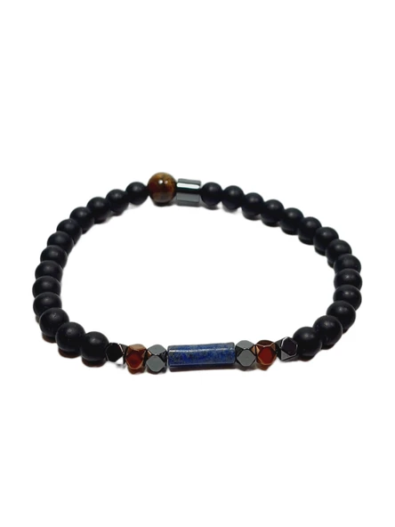 JTSS26BLK1691 LAPİS LAZULİ KAPLANGÖZÜ ONYX ve HEMATİT DOĞALTAŞ ESNEK 6 MM JANTİ BİLEKLİK ürün görseli 1