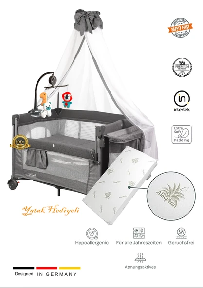 Holmer (YATAK HEDİYELİ) Oyun Parkı/ Anne Yanı/Park Yatak Cibinlikli Dönenceli 70x110cm Koyu Gri ürün görseli 1