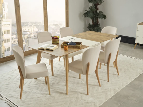 Dienni Terra Modern Açılabilir Yemek Masası Seti - 160-200 cm Genişleyebilir Masa ve 6 Adet Konforlu Sandalye - Yemek Odası Takımı ürün görseli 1
