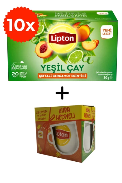 Lipton Şeftali ve Bergamot Aromalı Yeşil Çay 20li x 10 Adet + Hediye Lipton Kupa ürün görseli 1