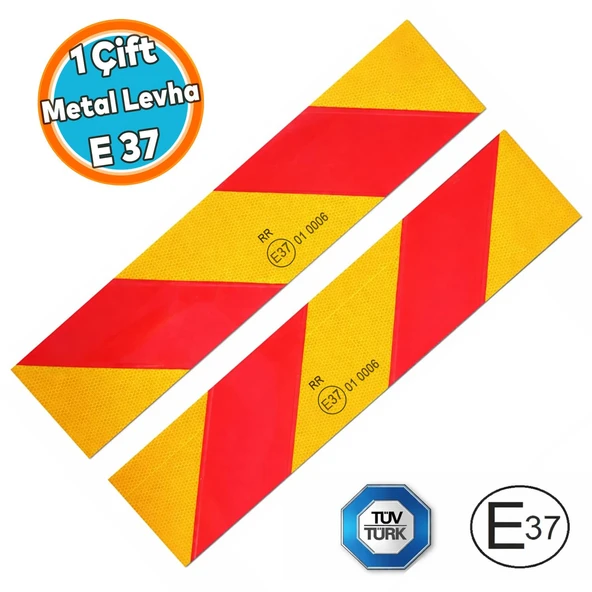 ( 1 Çift ) Metal Levha 14 cm x 56 cm Tüvtürk Uyumlu E37 Reflektörlü Tır Kamyon Dorse Arkası Yansıtma ürün görseli 1