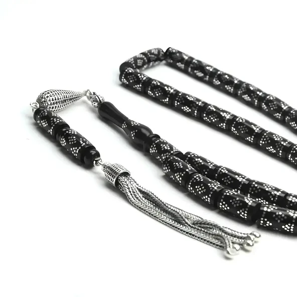 BlackCraft Oltu Taşı Silindir Kesim Gümüş İşlemeli Tespih ürün görseli 1