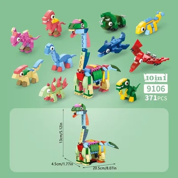 371 Parça Mini Dinozor Blokları 10in1 - 10'lu Koleksiyon Yapım Seti - Eğitici Bloklar ürün görseli 1