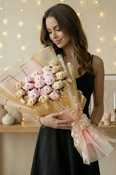 Sevgililer Günü’ne Özel: Deluxe 65 cm Dev Peluş Ayıcık Buketi – Pembe & Krem ürün görseli 1