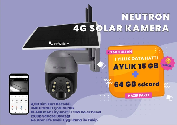 Neutron 3mp 360 derece 1 Yıllık Sim Kart + Hafıza Kartı Dahil 4.5G, 64GB SD Kart Dış Mekan Solar Güneş Panelli Kamera ürün görseli 1