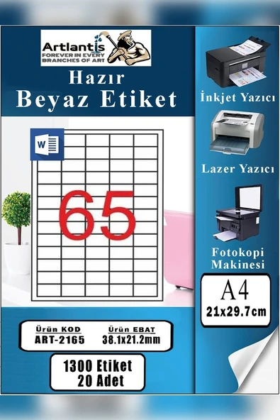 A4 Hazır Etiket 38.1x21.2 mm 20 Sayfa 1 Paket 65 li Kendinden Yapışkanlı Fotokopi Lazer İnkjet Kağıdı Yazıcılar İçin Uyumlu ürün görseli 1