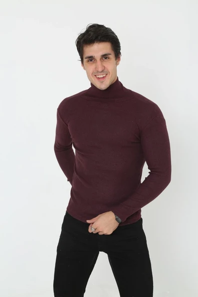 Erkek Kaşkorse Boğazlı Full Likralı Fitilli Body Kazak - Bordo 8648832 ürün görseli 1