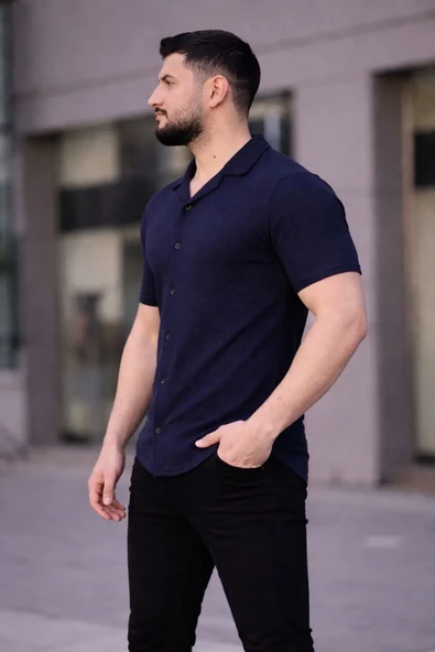 Erkek Waffle Kumaş Kısa Kollu Düğmeli Açık Yaka Regular Fit Gömlek - Lacivert ürün görseli 1