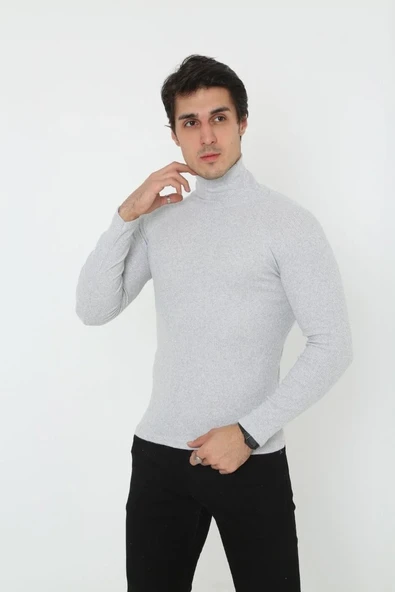 Erkek Kaşkorse Boğazlı Full Likralı Fitilli Body Kazak - Gri 8648837 ürün görseli 1