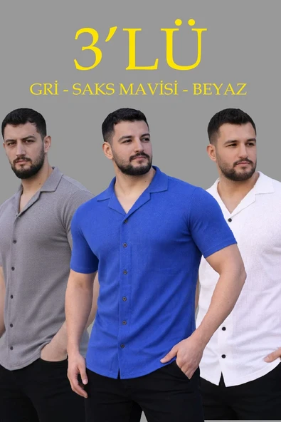 Erkek Waffle Dokuma Açık Yakalı Düğmeli Regular Kalıp 3 lü Gömlek Seti - Gri, Saks Mavisi, Beyaz ürün görseli 1