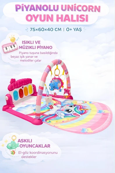 Piyanolu Unicorn Desenli Bebek Oyun Halısı – 0+ Ay, Hayvan Figürlü Işıklı ve Müzikli Gelişim Matı ürün görseli 1
