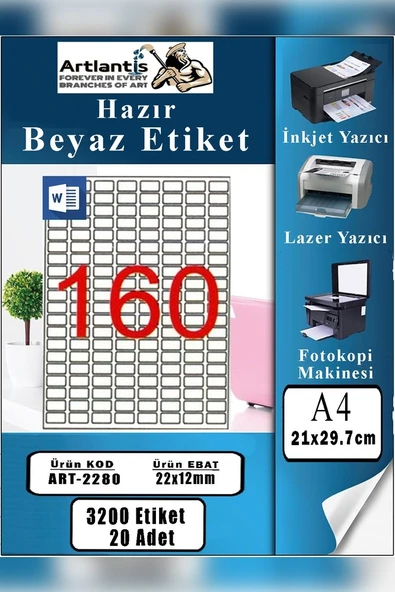 A4 Hazır Etiket 22x12 mm 20 Sayfa 1 Paket 160 lı Kendinden Yapışkanlı Fotokopi Lazer İnkjet Kağıdı Yazıcılar İçin Uyumlu ürün görseli 1