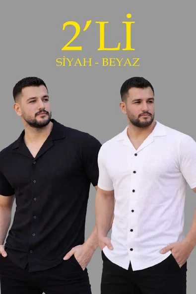 Erkek Waffle Dokuma Açık Yakalı Düğmeli Regular Kalıp 2 li Gömlek Seti - Siyah & Beyaz ürün görseli 1