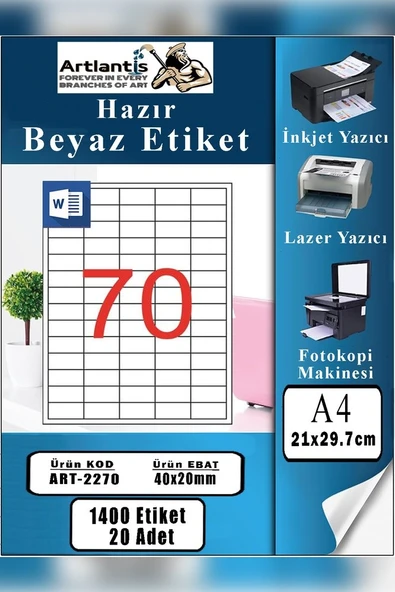 A4 Hazır Etiket 40x20 mm 20 Sayfa 1 Paket 70 li Kendinden Yapışkanlı Fotokopi Lazer İnkjet Kağıdı Yazıcılar İçin Uyumlu ürün görseli 1
