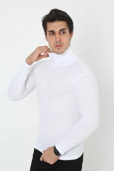 Erkek Kaşkorse Boğazlı Full Likralı Fitilli Body Kazak - Beyaz 8648829 ürün görseli 1