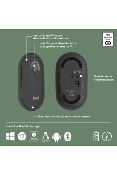 Logitech M350s Pebble 2 Bluetooth Kablosuz Sessiz Kompakt Mouse - Siyah - Resim 7