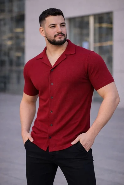 Erkek Waffle Kumaş Kısa Kollu Düğmeli Açık Yaka Regular Fit Gömlek - Kırmızı ürün görseli 1