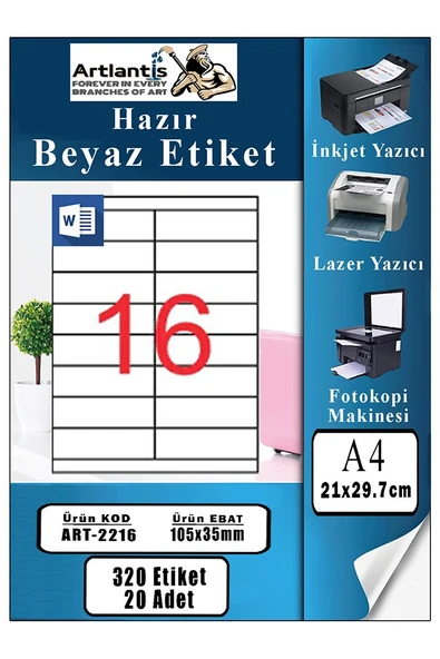 A4 Hazır Etiket 105x35 mm 20 Sayfa 1 Paket 16 lı Kendinden Yapışkanlı Fotokopi Lazer İnkjet Kağıdı Yazıcılar İçin Uyumlu ürün görseli 1