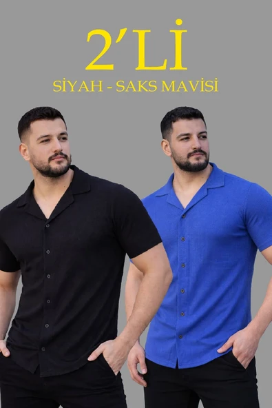 Erkek Waffle Dokuma Açık Yakalı Düğmeli Regular Kalıp 2 li Gömlek Seti - Siyah & Saks Mavisi ürün görseli 1